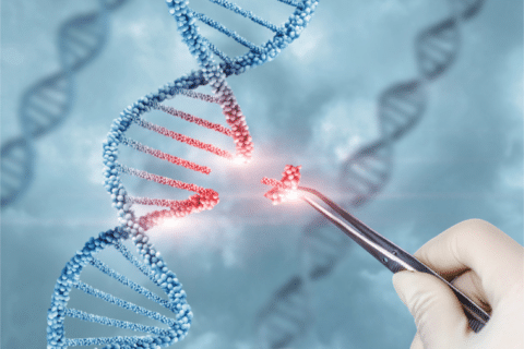 image of DNA strands and a paid of tweezers being held in a gloved hand